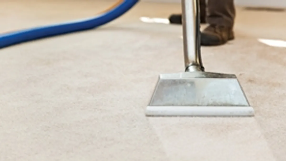 Carpet cleaning wand head gliding over a light carpet during hot-water extraction, Pueblo, CO.